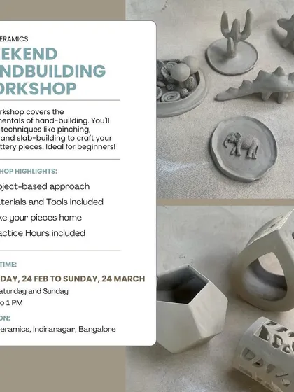Our Weekend Handbuilding Workshop poster, featuring examples of what you can create. From cute dinosaurs to geometric planters, this course covers all the fundamentals.
