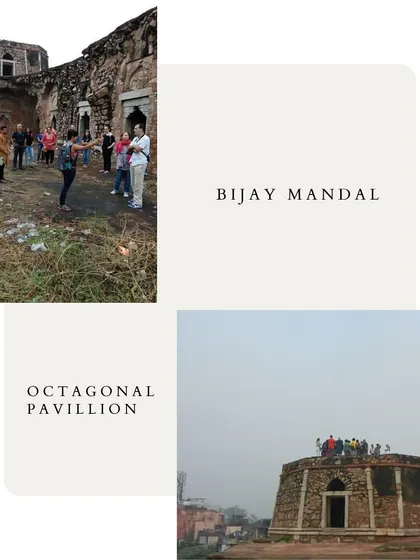 The ruins of Bijay Mandal, or 'Victory Pavilion', the probable palace of Muhammad bin Tughlaq. We climb to the top of the octagonal pavilion to get a commanding view and discuss Ibn Battuta's accounts of the 'Hall of a Thousand Pillars' that once stood here.