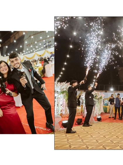 The wedding party plays a key role in creating a fun atmosphere. Here, friends of the couple help create a spectacular cold pyro display, adding to the energy of the celebration.