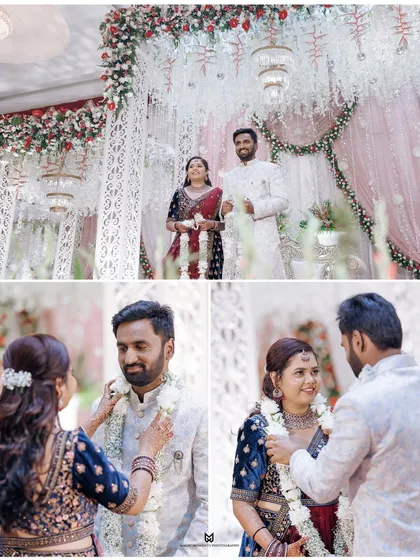 The garland exchange at the reception is a moment of mutual respect and love. I capture this ritual against the backdrop of the beautiful stage decor.