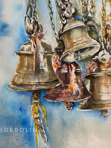 A detailed watercolor painting of brass temple bells. I find their sound so divine and positive, and I wanted to capture the metallic texture and the play of light on their surfaces.