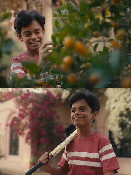 Stills from the Dalmia Cement ad, capturing childhood innocence. The boy is styled in a simple, classic striped t-shirt that evokes a sense of nostalgia.