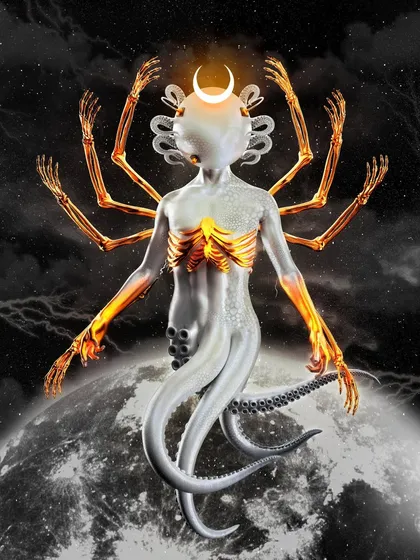 This is a 3D realization of a concept called "Enchantress," based on ancient cave paintings. I blended organic, skeletal, and cephalopodic elements to create a unique cosmic deity. The glowing sternum and golden arms were designed to give it an otherworldly, divine yet terrifying presence.