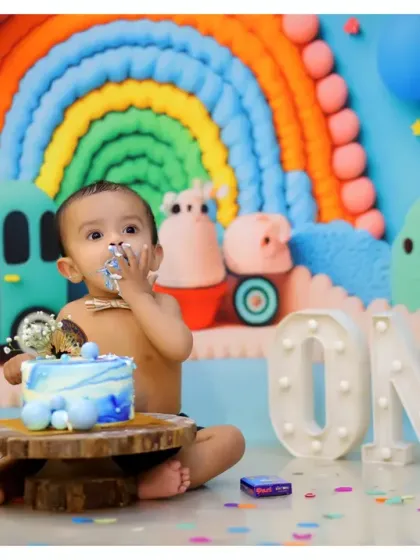 A first birthday cake smash is a memory to treasure forever. We create vibrant, fun-filled setups with colorful backdrops and delicious cakes to celebrate this special milestone.