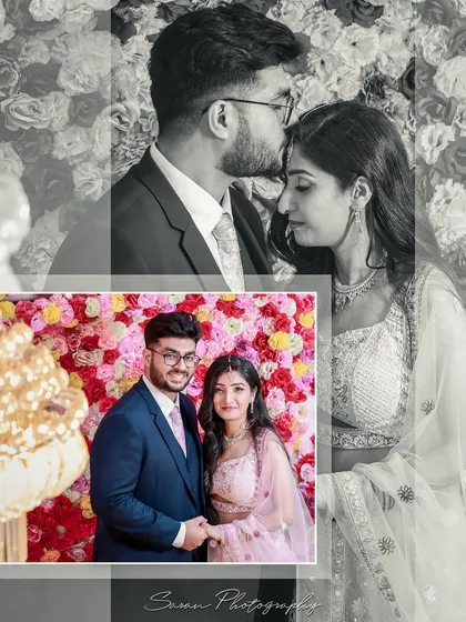 A creative collage from an engagement, blending a color photo of the couple with a romantic black and white overlay.