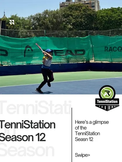 A glimpse of the action from TenniStation Season 12, with a player executing a powerful backhand.