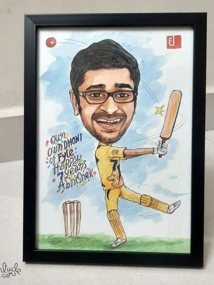 The final framed artwork of the cricket-themed caricature for a work anniversary, a perfect gift for a sports-loving colleague.