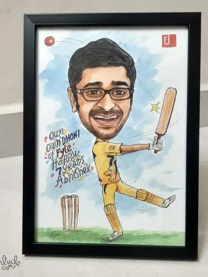 The final framed artwork of the cricket-themed caricature for a work anniversary, a perfect gift for a sports-loving colleague.