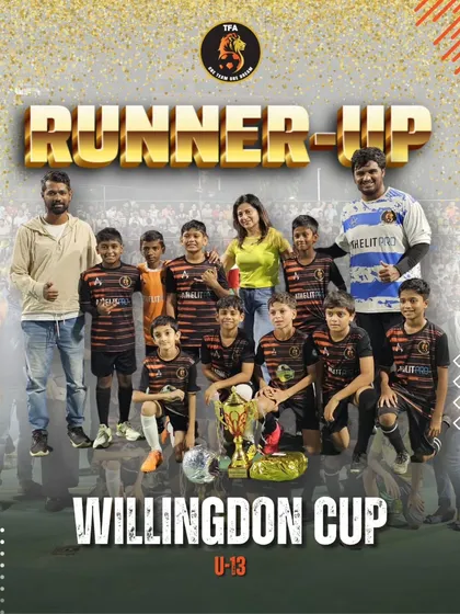 The U13 team after a tough penalty shootout loss in the finals of the Willingdon Cup, finishing as runners-up.