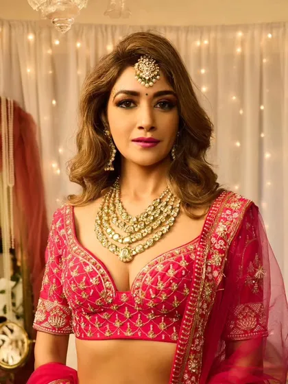Full Hollywood glam for this bride. The look features voluminous side-swept waves, a smokey eye, and a vibrant pink lehenga, creating a stunning and memorable style for any wedding event.