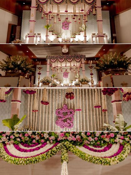 A collage of the stunning floral decor from a wedding, showcasing the intricate arrangements on the mandap and stage.