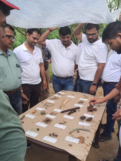 The Valvoline Cummins team examines a display of native plant seeds, learning how they are collected and germinated to grow into a self-sustaining forest.