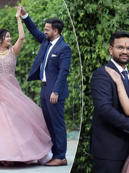 A collage of the couple dancing and posing outdoors during their engagement celebration.