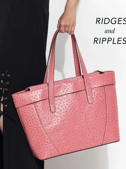 Indulge in luxury with our Posh Pelt Tote in a beautiful Pink Ostrich texture. The ridges and ripples of the print add a unique and sophisticated touch.