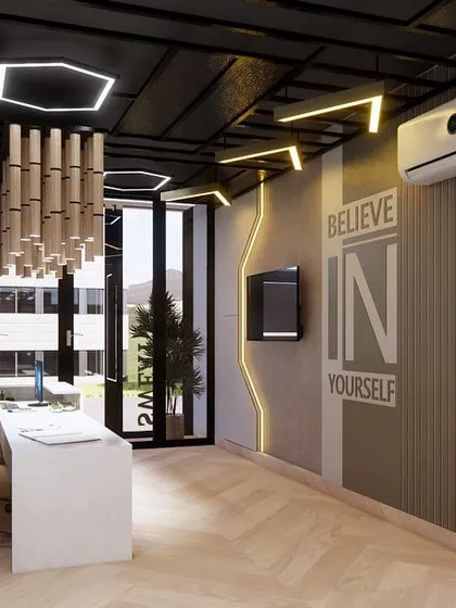 We designed the reception for The Fitness World Gym to be energetic and motivating from the moment you walk in. The industrial vibe of the brick wall and exposed ceiling is balanced with warm, dynamic lighting and bold graphics. This space sets the tone for a powerful workout experience.