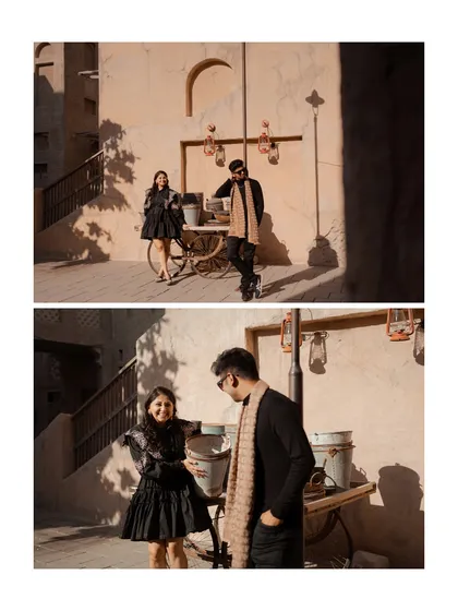 Two frames showing the couple interacting with a vintage cart. These shots blend a sense of nostalgia with the couple's modern romance, creating a unique visual story.