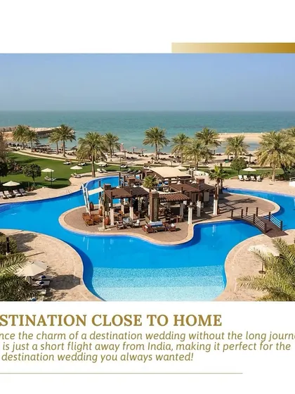 A destination close to home. The beautiful poolside view of Sofitel Bahrain showcases why the country is a perfect choice for a dreamy destination wedding, just a short flight from India.