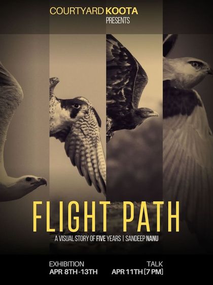 The striking poster for the "Flight Path" exhibition and talk, featuring a collage of majestic birds in flight.