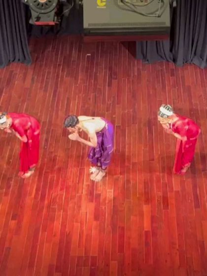 A moment of gratitude on stage. My students and I taking a bow after our performance of 'Raṅg', a showcase of the solo traditions within Kuchipudi.