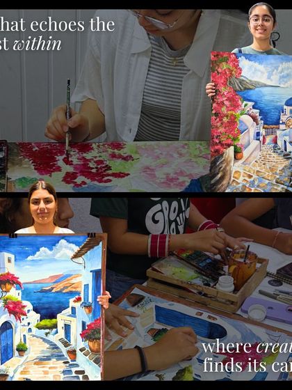 This collage showcases art that echoes the artist within, capturing both the process of painting a landscape and the proud students with their finished work.