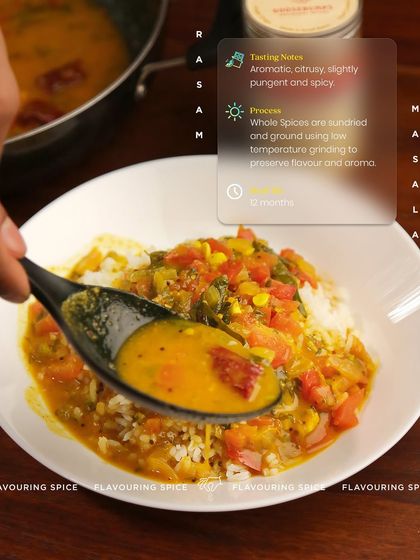 A spoonful of delicious, tangy Rasam being served over rice. My Rasam Masala gives it that authentic, citrusy, and slightly pungent flavour that is the hallmark of a good South Indian rasam.