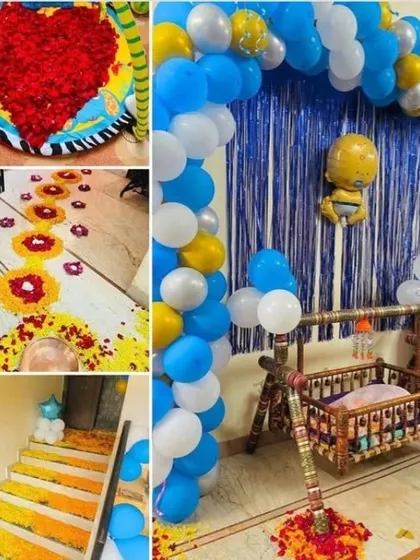 A collage of a traditional baby welcome or naming ceremony (Naamkaran). The decor includes a decorated cradle (palna), flower rangoli, and blue and white balloon arrangements.