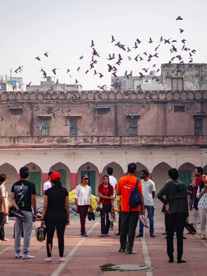 Exploring the living history of Old Delhi. A group stands in a historic courtyard, surrounded by centuries-old architecture, as pigeons take flight, creating a truly timeless moment on our walking tour.