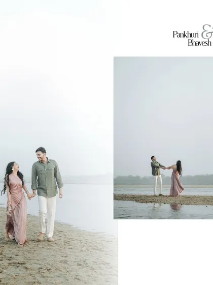 A collage showing the couple walking hand-in-hand along a misty beach. The soft, diffused light gives these images a dreamy and ethereal quality.