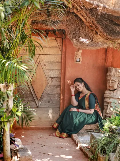 A series of portraits in a rustic, village-like setting. The model's simple green saree and relaxed poses create a feeling of serene, timeless emotion.