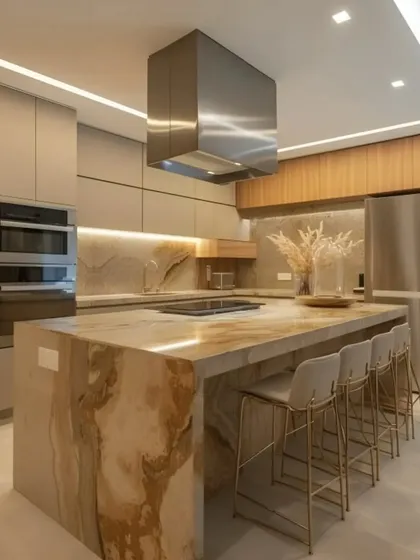This kitchen is designed for both serious cooking and social gatherings, featuring a stunning marble-finish island with seating. We focused on a premium feel with integrated appliances, handleless cabinetry, and layered lighting for a kitchen that is as beautiful as it is functional.