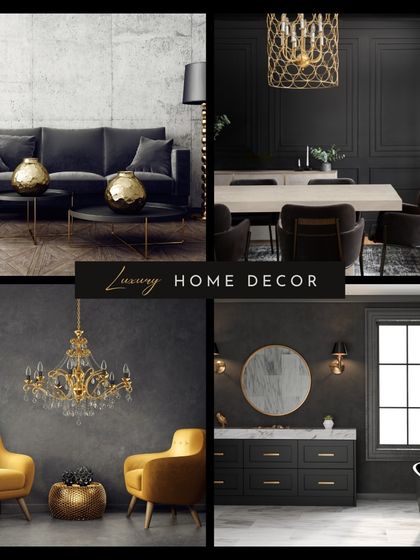 A collage showcasing our luxury home decor capabilities, from dark and moody dining rooms to bright and elegant living spaces.