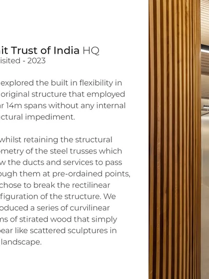 This design note explains our approach for the UTI HQ, where we introduced curvilinear wooden forms to break the rigid structure, appearing as scattered sculptures in the landscape.