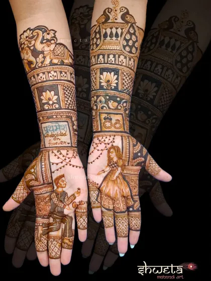 A fun and unique engagement mehendi design. It features a dancing couple, a proposal scene, and the couple's names, capturing their playful personalities.