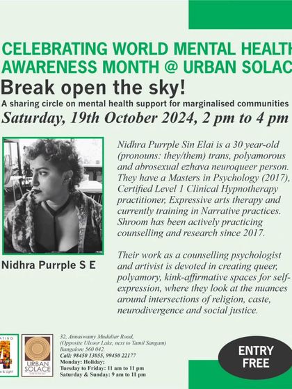 Introducing another facilitator for our mental health circle, Nidhra Purrple S E, a counseling psychologist and artist devoted to creating queer, polyamory, and kink-affirmative spaces.