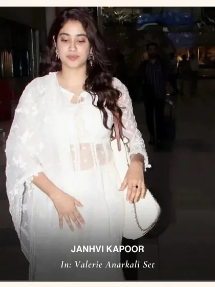 Janhvi Kapoor's airport look in the Valerie Anarkali Set. This all white outfit is the epitome of effortless elegance.