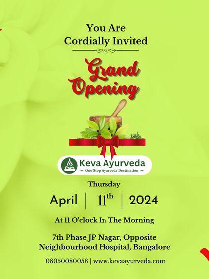 We are excited to announce the grand opening of our new branch in JP Nagar. You are cordially invited to join us as we expand our journey of providing holistic wellness and the timeless wisdom of Ayurveda.
