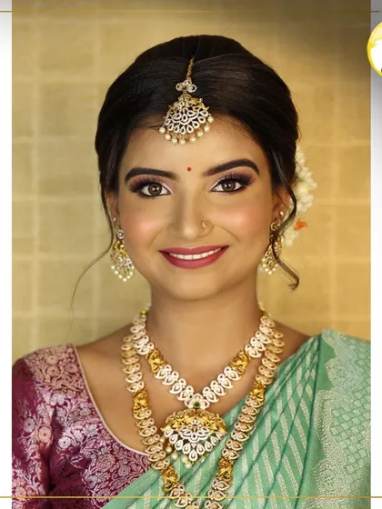 This is the kind of stunning HD bridal look you'll learn to create in my pro course. Notice the smooth skin finish, perfectly blended eyeshadow, and how the makeup enhances her features for a timeless South Indian bridal style.