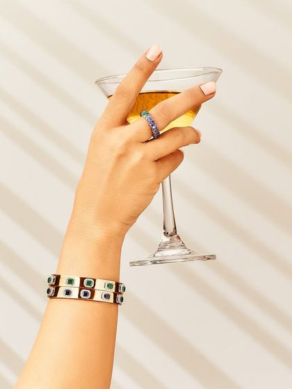 Which gold band would you choose? A beautiful shot of our enamel and gemstone bands, perfect for adding a touch of colour to your hand stack.