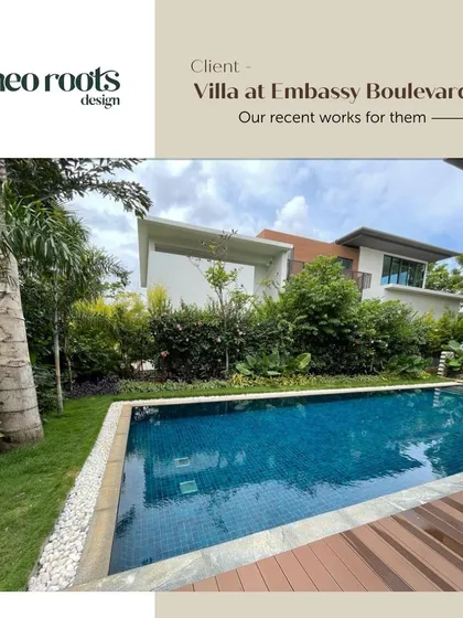 For this modern villa, I designed a landscape that seamlessly integrates with the home's architecture. The poolside wooden deck is bordered by dense, layered greenery, creating a private, resort-like oasis for relaxation and entertainment.