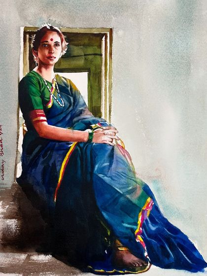 This full-figure painting of a woman in a blue sari is from a figure painting workshop. It's a study in capturing posture, drapery, and the way light interacts with the entire form.