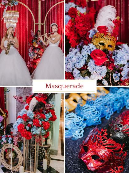 **Sangeet Theme: Masquerade.** An elegant and mysterious theme perfect for a cocktail or Sangeet night. We use rich fabrics, ornate masks, and dramatic florals to create a sophisticated and glamorous event.