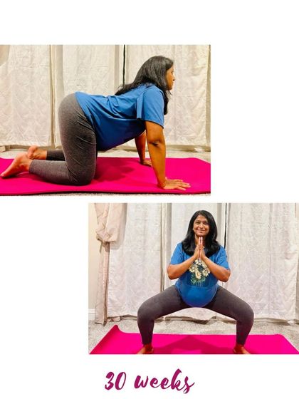 Two simple yet powerful poses at 30 weeks: Cat-Cow for spinal mobility and Goddess Pose to open the hips.