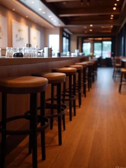 A classic bar or cafe counter with a row of wooden stools. The warm wood tones of the bar and floor create a timeless and welcoming atmosphere for patrons.