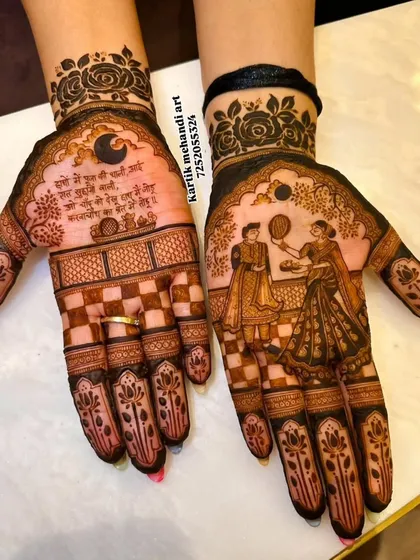 Our expertise extends to all special occasions, like this custom Karva Chauth design. We created a beautiful scene of the festival's rituals right on the palms, making the celebration even more memorable.