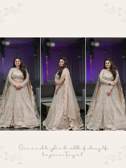 A three-panel collage of Ishita's portraits, showing different angles and poses that highlight her stunning engagement look.
