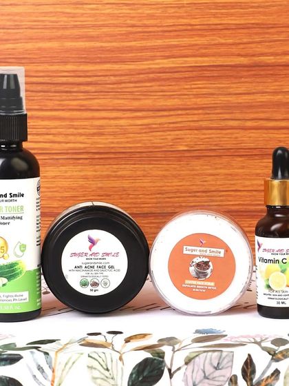 A lineup of skincare products against a wooden background. We use different textures and props to create a mood that matches your brand's aesthetic.