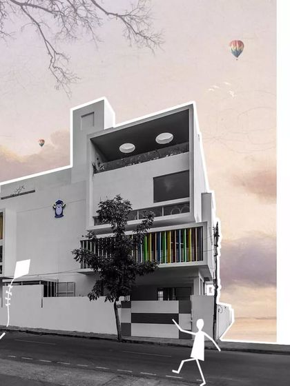 An artistic collage of the 'Toy Story' preschool, blending a photograph of the building with playful illustrations to capture the project's spirit.