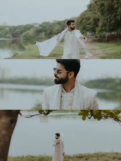 A collage of the groom's solo portraits from a pre-wedding shoot, capturing his style and personality against a natural, lakeside setting.