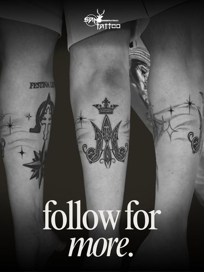 A collection of religious and symbolic tattoos, including the "Auspice Maria" monogram, created with fine lines and careful detail for our client Austin.