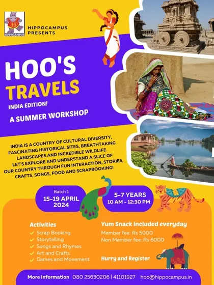 Welcome to Hoo's Travels, India Edition! This workshop explores our country's culture through maps, songs, stories, and food. The kids create a fun scrapbook to record all their adventures.